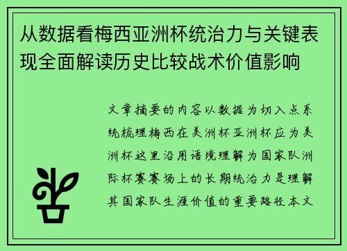 从数据看梅西亚洲杯统治力与关键表现全面解读历史比较战术价值影响
